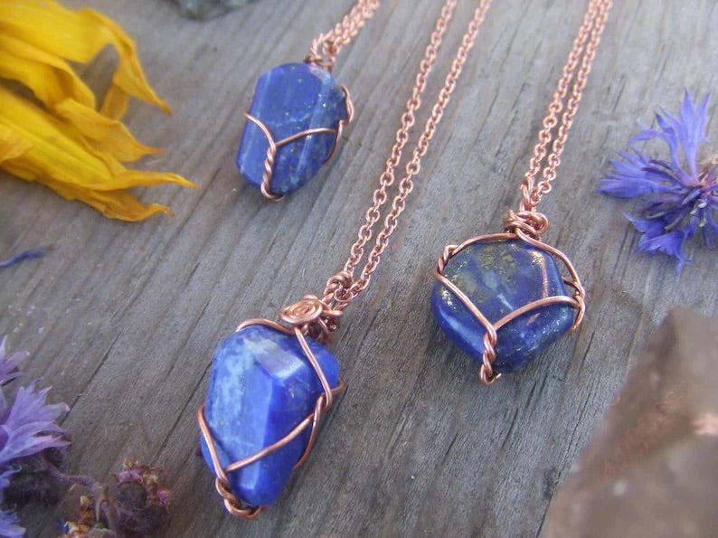 Natural Lapis Lazuli crystal wire wrapped pendant, silver or gold dark blue