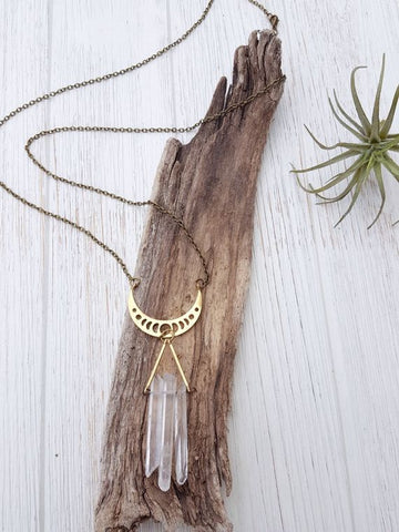 Clear Quartz Crystal Necklace Nature Inspired Jewelry Moon Phase Jewelry Modern Boho Necklace Raw Quartz Necklace Boho Layering Necklace